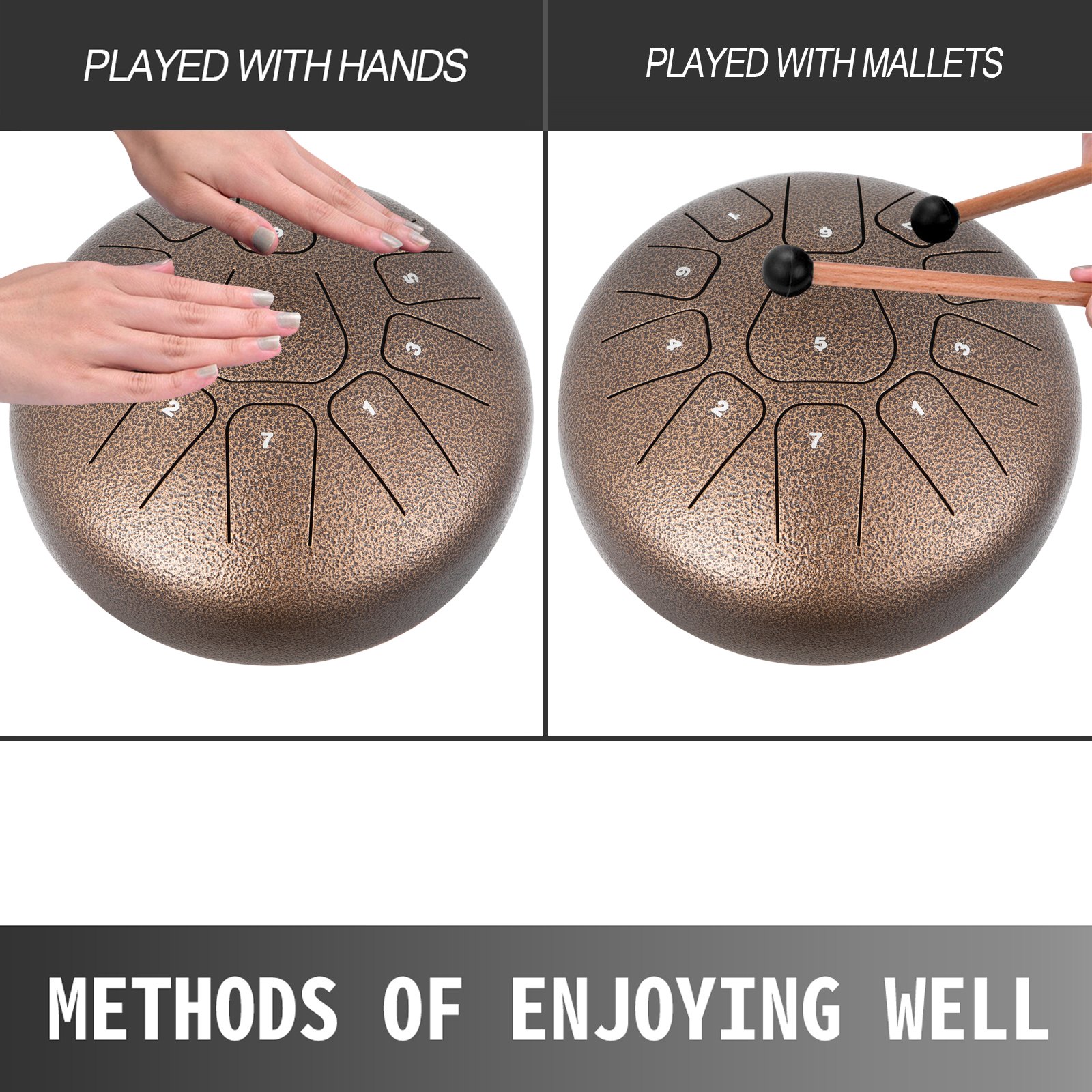VEVOR Steel Drum 11 Notes Percussion Instrument 8 Inches Tongue Drum, Steel Tongue Drum, Steel Drums Instruments With Bag, Book, Mallets, Mallet Bracket, Hang Pan Drum Instrument, Chestnut