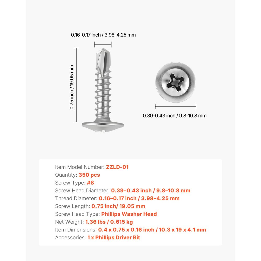 Tornillos para madera autoperforantes VEVOR n.° 8, 3/4 de pulgada de largo, 350 unidades, cabeza de celosía, tornillo autorroscante de metal de accionamiento rápido Phillips, acero inoxidable y rosca completa, punta de destornillador incluida, plateado
