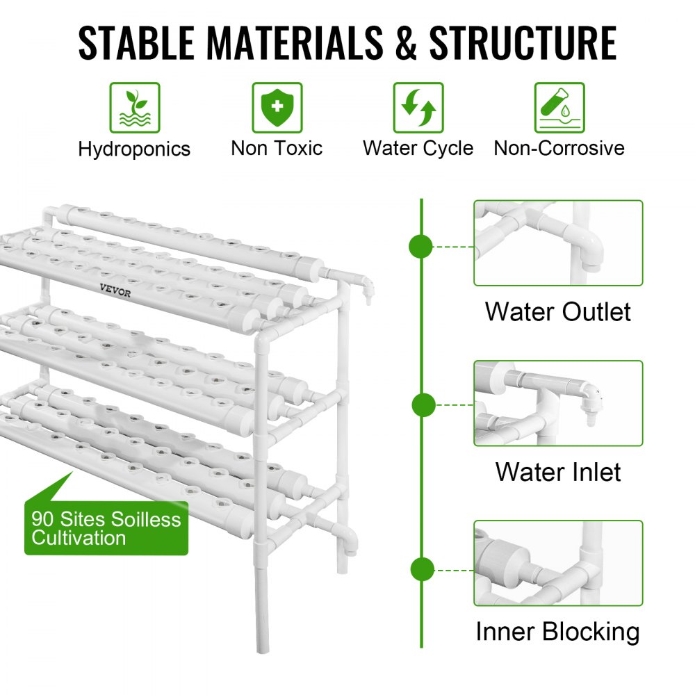 VEVOR Kit de cultivo hidropónico 90 sitios 10 tuberías NFT PVC Tubería hidropónica Hogar Balcón Jardín Kit de cultivo Sistemas de cultivo de plantas hidropónicas sin suelo Kit de cultivo de plantación de vegetales