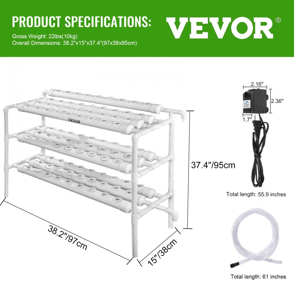 VEVOR Kit de cultivo hidropónico 90 sitios 10 tuberías NFT PVC Tubería hidropónica Hogar Balcón Jardín Kit de cultivo Sistemas de cultivo de plantas hidropónicas sin suelo Kit de cultivo de plantación de vegetales