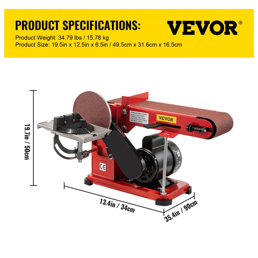 VEVOR Belt Sander 4" x 36", Disc Combo Sander 6", Electric Adjustable Bench Belt Sander 375W, Grinder Bench Sanding Machine With 4 Rubber Foot Pad
