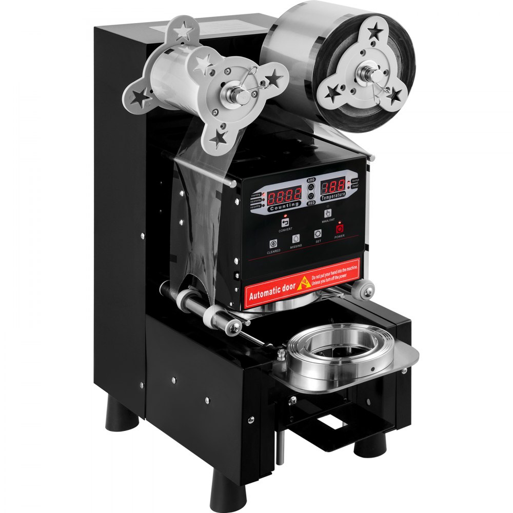 VEVOR Máquina de sellado de tazas Máquina de té de burbujas de 95 mm Automática 500-650 tazas/h Sellador de tazas negro con control digital para sellar vasos de papel PP PET
