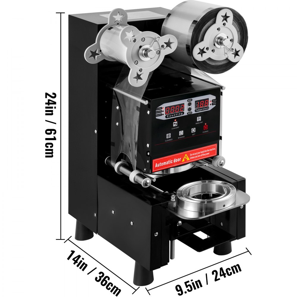 VEVOR Máquina de sellado de tazas Máquina de té de burbujas de 95 mm Automática 500-650 tazas/h Sellador de tazas negro con control digital para sellar vasos de papel PP PET