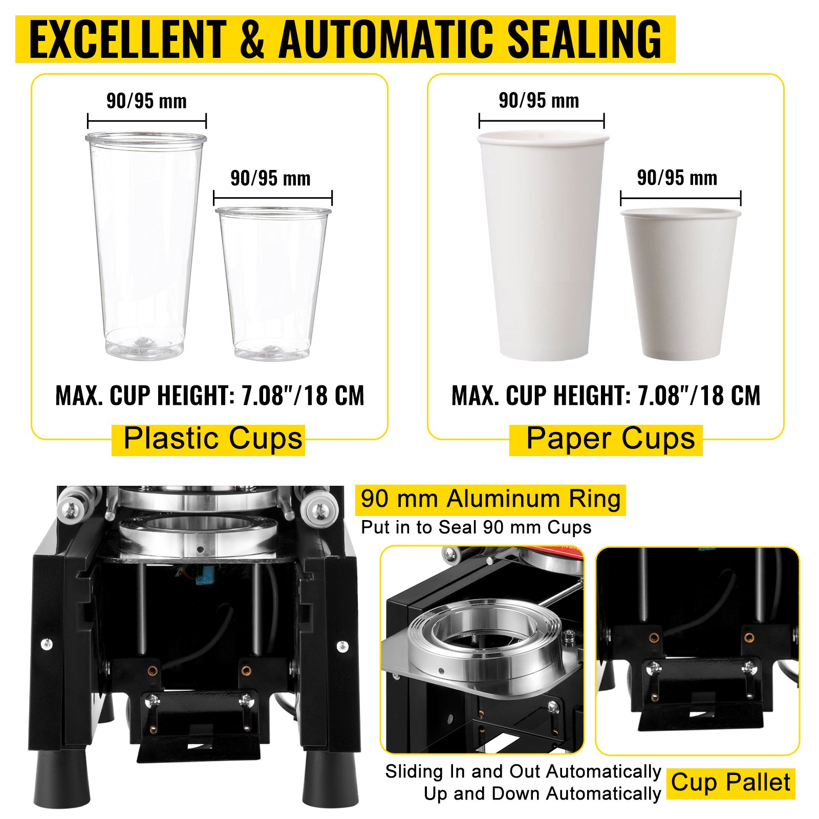 VEVOR Máquina de sellado de tazas Máquina de té de burbujas de 95 mm Automática 500-650 tazas/h Sellador de tazas negro con control digital para sellar vasos de papel PP PET