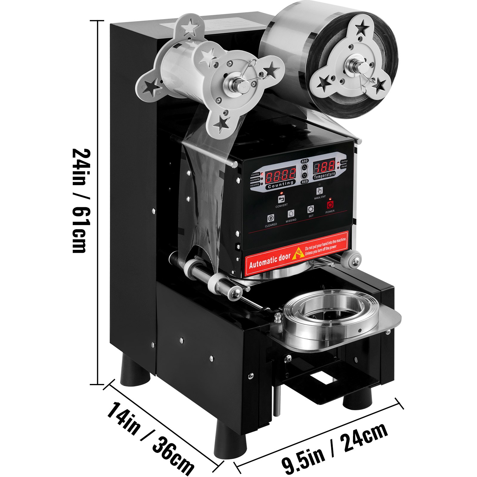 VEVOR Máquina de sellado de tazas Máquina de té de burbujas de 95 mm Automática 500-650 tazas/h Sellador de tazas negro con control digital para sellar vasos de papel PP PET