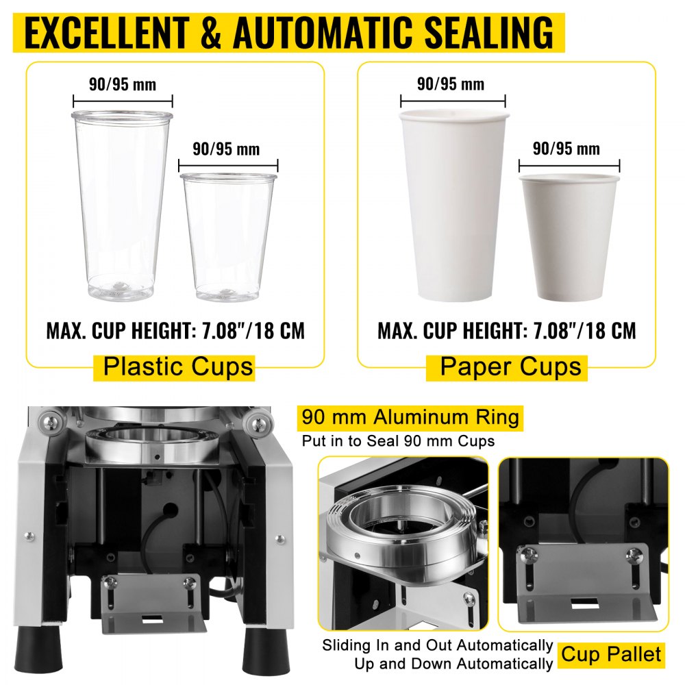 VEVOR White Fully Automatic Cup Sealer Machine 95MM/90MM Electric Cup Sealing Machine 500-650 cups/h With Digital Control LED Panel for Sealing Plastic Cups of PP, PET, and Paper Cups