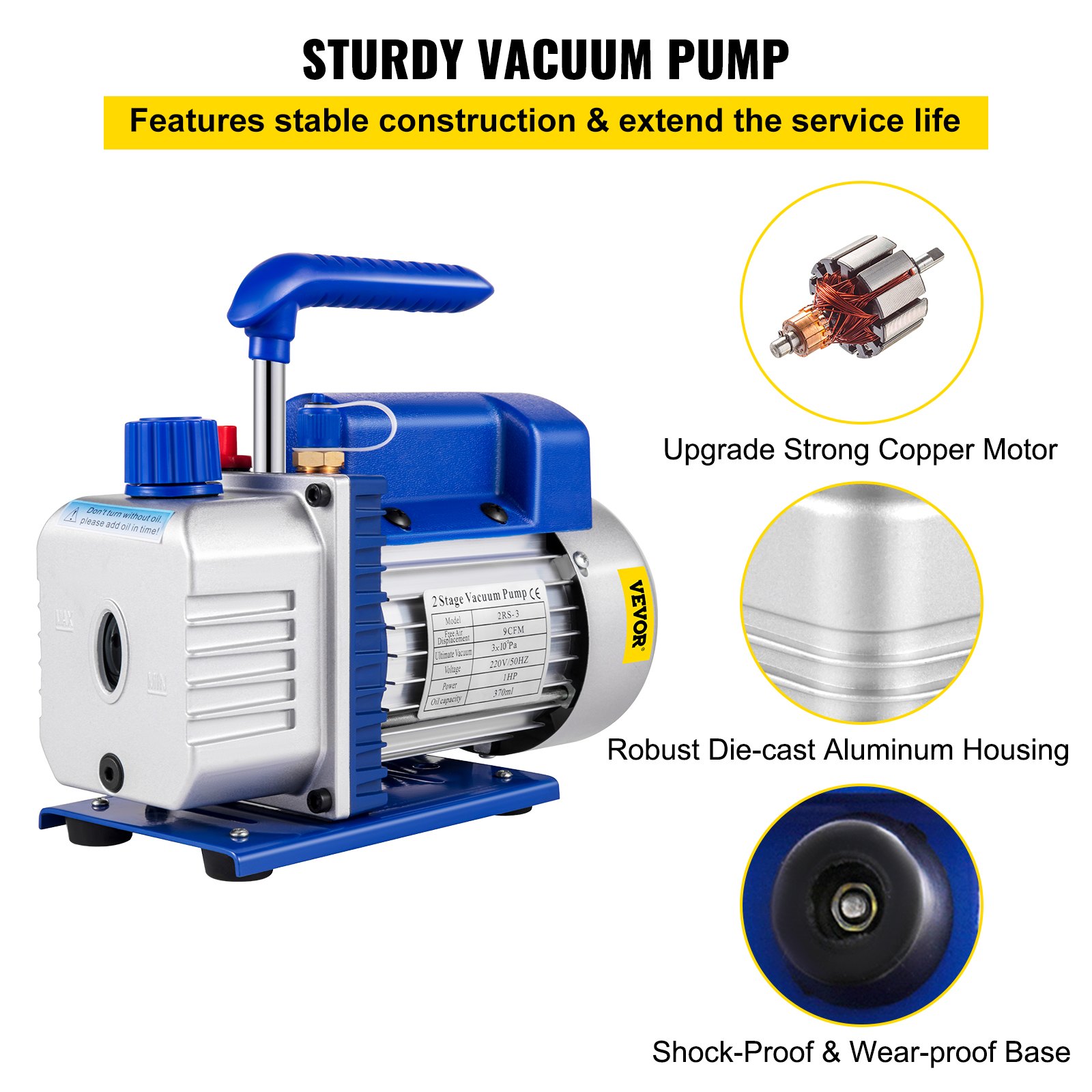 VEVOR 255 L/min(9CFM) 746W(1HP) Air Condition Refrigerant Vacuum Pump vacuum chamber with pump degassing chamber with pump ac vacuum pump