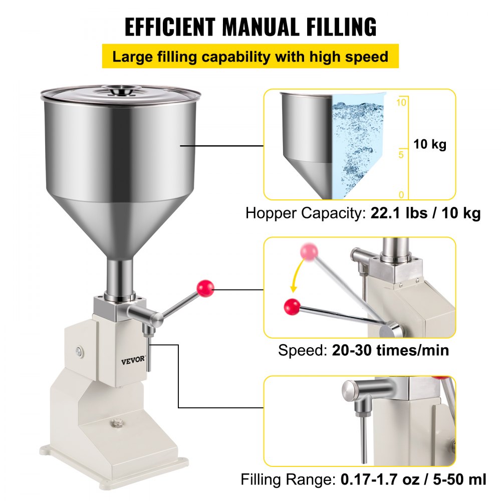 VEVOR A03, Máquina de Llenado de Líquidos Manual de Acero Inoxidable, Llenadora de Botellas 5-50ml para Pasta Crema Cosmética, 281212, blanco