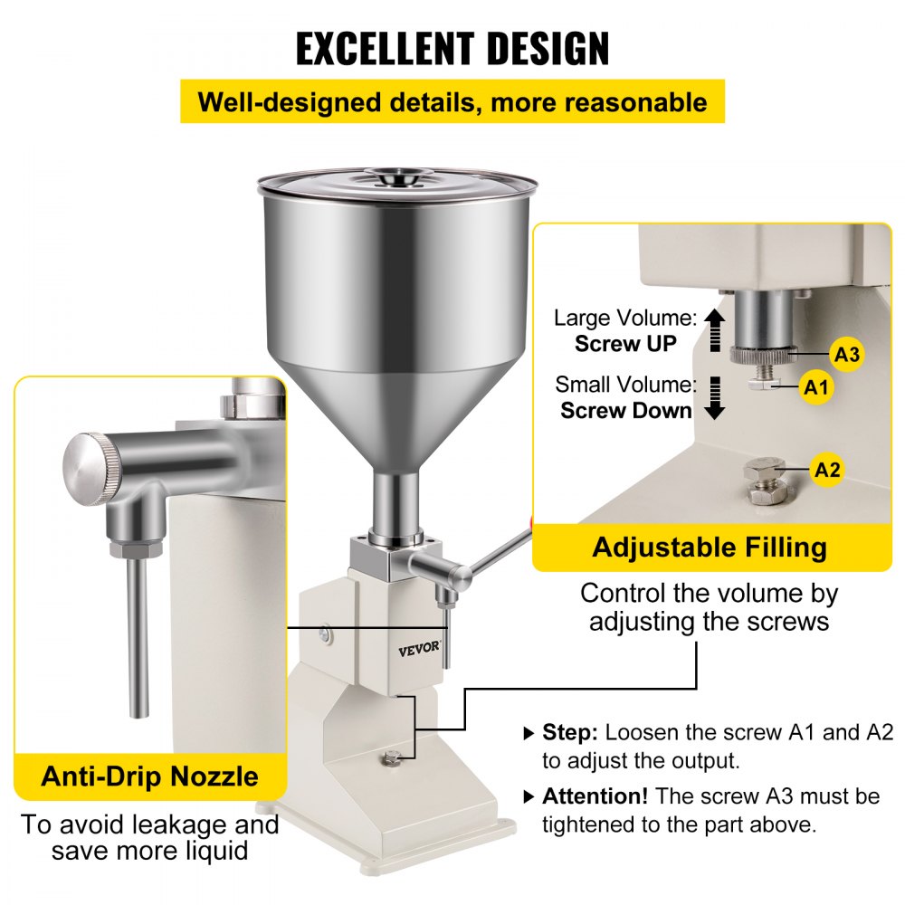 VEVOR A03, Máquina de Llenado de Líquidos Manual de Acero Inoxidable, Llenadora de Botellas 5-50ml para Pasta Crema Cosmética, 281212, blanco