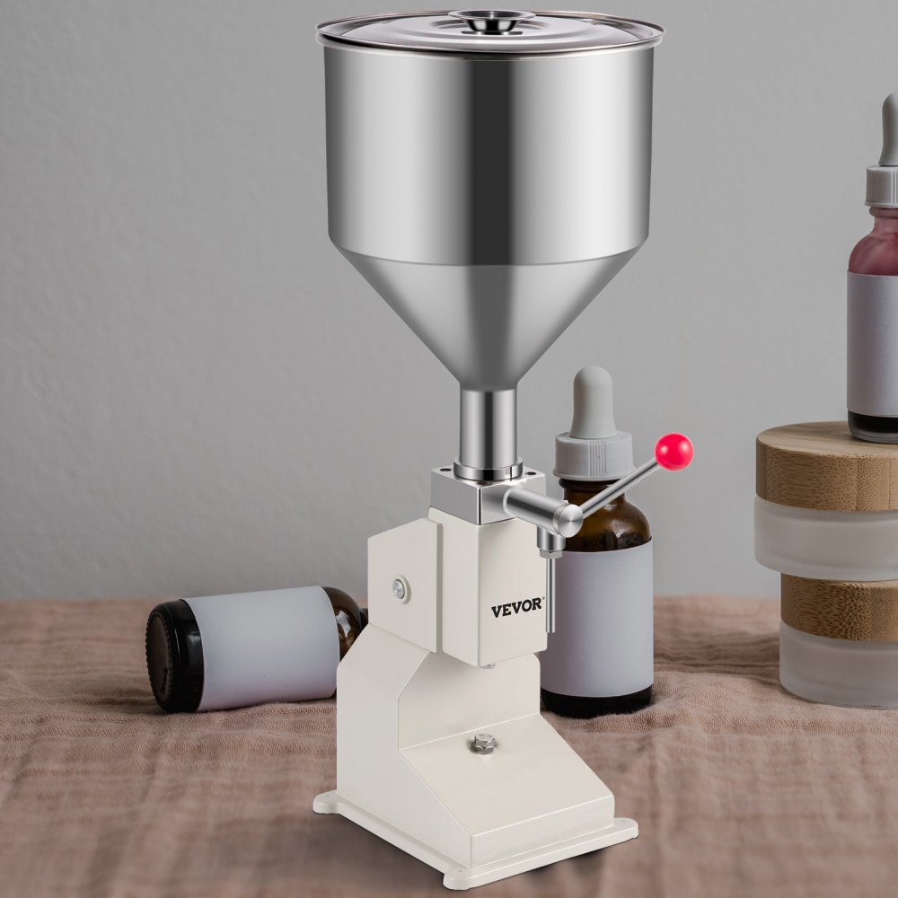 VEVOR A03, Máquina de Llenado de Líquidos Manual de Acero Inoxidable, Llenadora de Botellas 5-50ml para Pasta Crema Cosmética, 281212, blanco