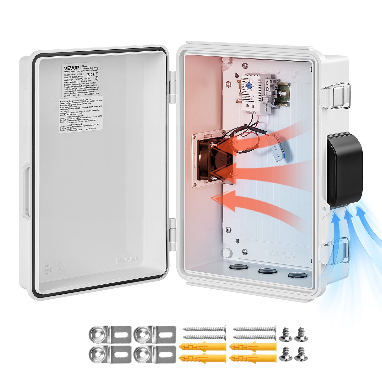 VEVOR Outdoor Electrical Box, ABS, Waterproof Electrical Junction Box with Thermostat and Fan, Mounting Plate, Cable Grommets, Ventilated Plastic Enclosure, 14.2 x 10.8 x 5.9 in, IP65 for Indoor/Outdoor