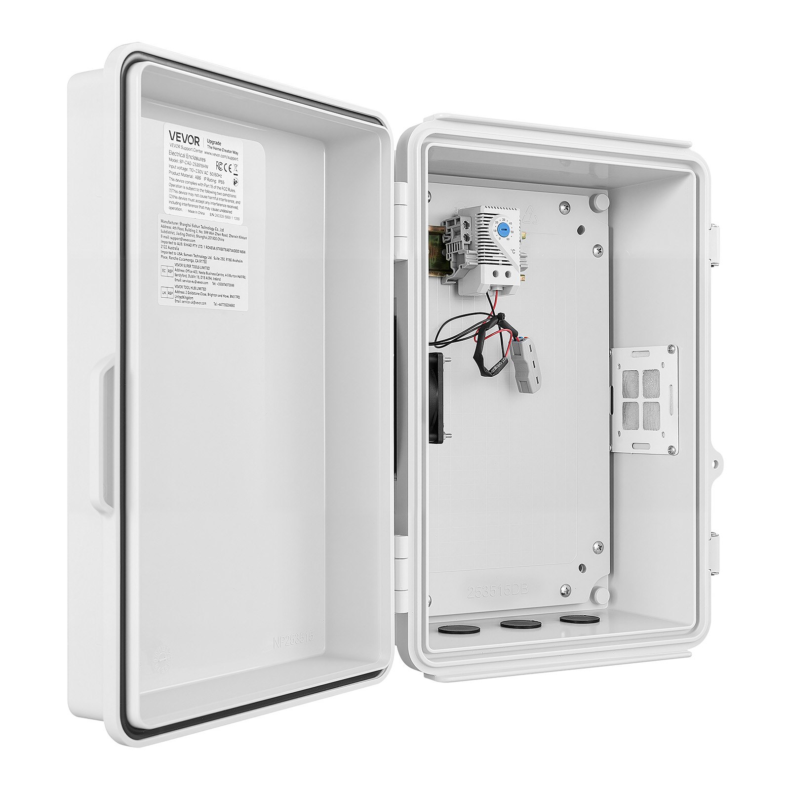 VEVOR Outdoor Electrical Box, ABS, Waterproof Electrical Junction Box with Thermostat and Fan, Mounting Plate, Cable Grommets, Ventilated Plastic Enclosure, 14.2 x 10.8 x 5.9 in, IP65 for Indoor/Outdoor