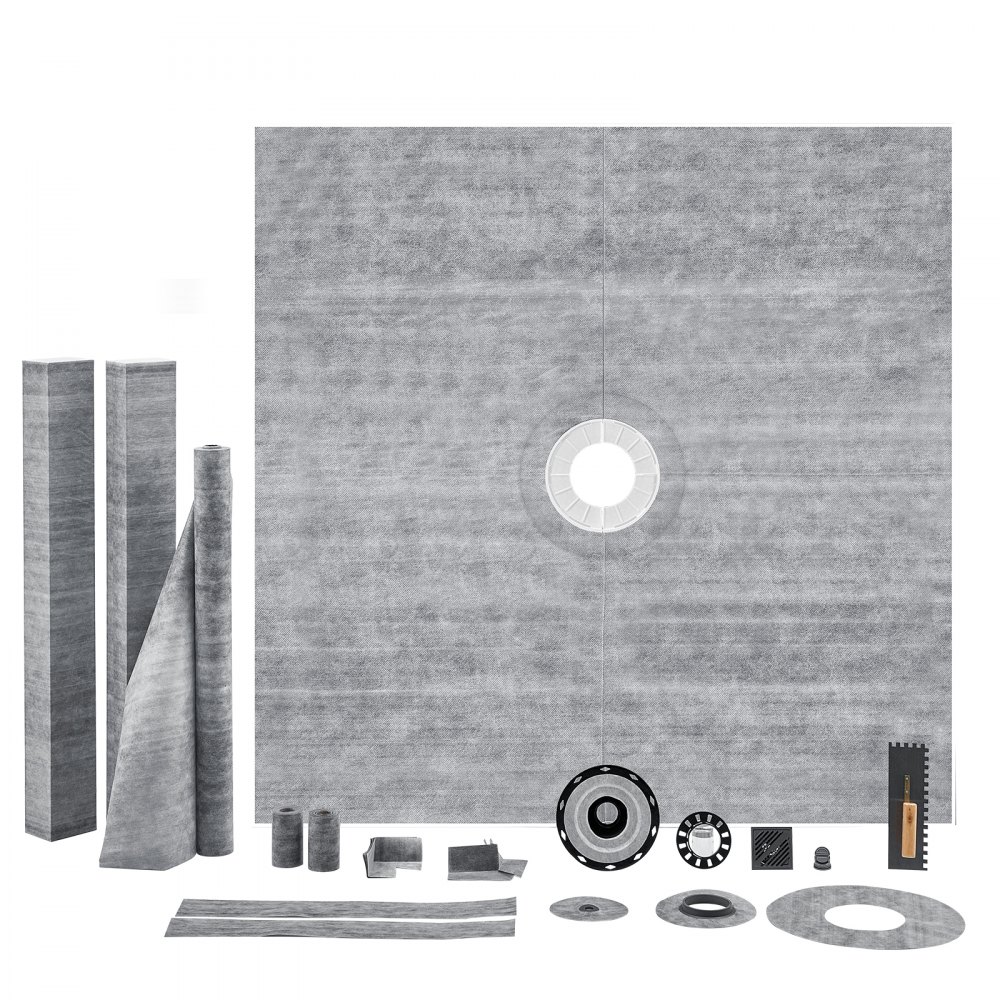 VEVOR shower pan kit components including a grey shower pan with central drain and various installation parts.