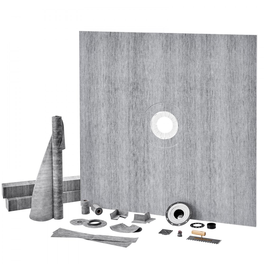 VEVOR shower pan kit components including liner, curb, drain, and installation tools.