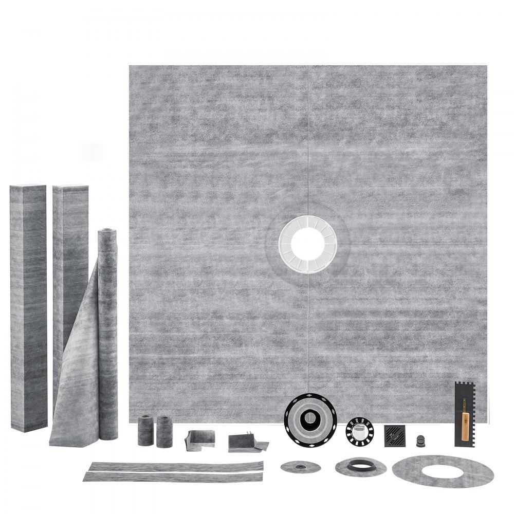 VEVOR shower pan kit with multiple components including membranes, corners, and drain parts.