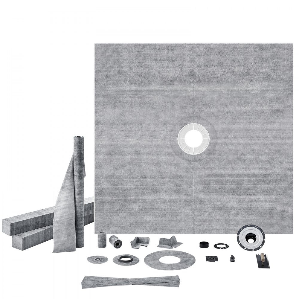 VEVOR shower pan kit with drain, waterproofing membrane, corners, and installation accessories.