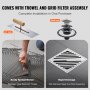 VEVOR shower pan kit includes stainless steel sawtooth trowel and grid filter assembly for easy installation.