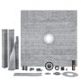 VEVOR shower pan kit components including a grey shower pan with central drain and various installation parts.