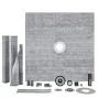 VEVOR shower pan kit components including a grey shower pan with central drain and various installation parts.