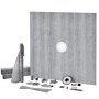 VEVOR shower pan kit components including liner, curb, drain, and installation tools.
