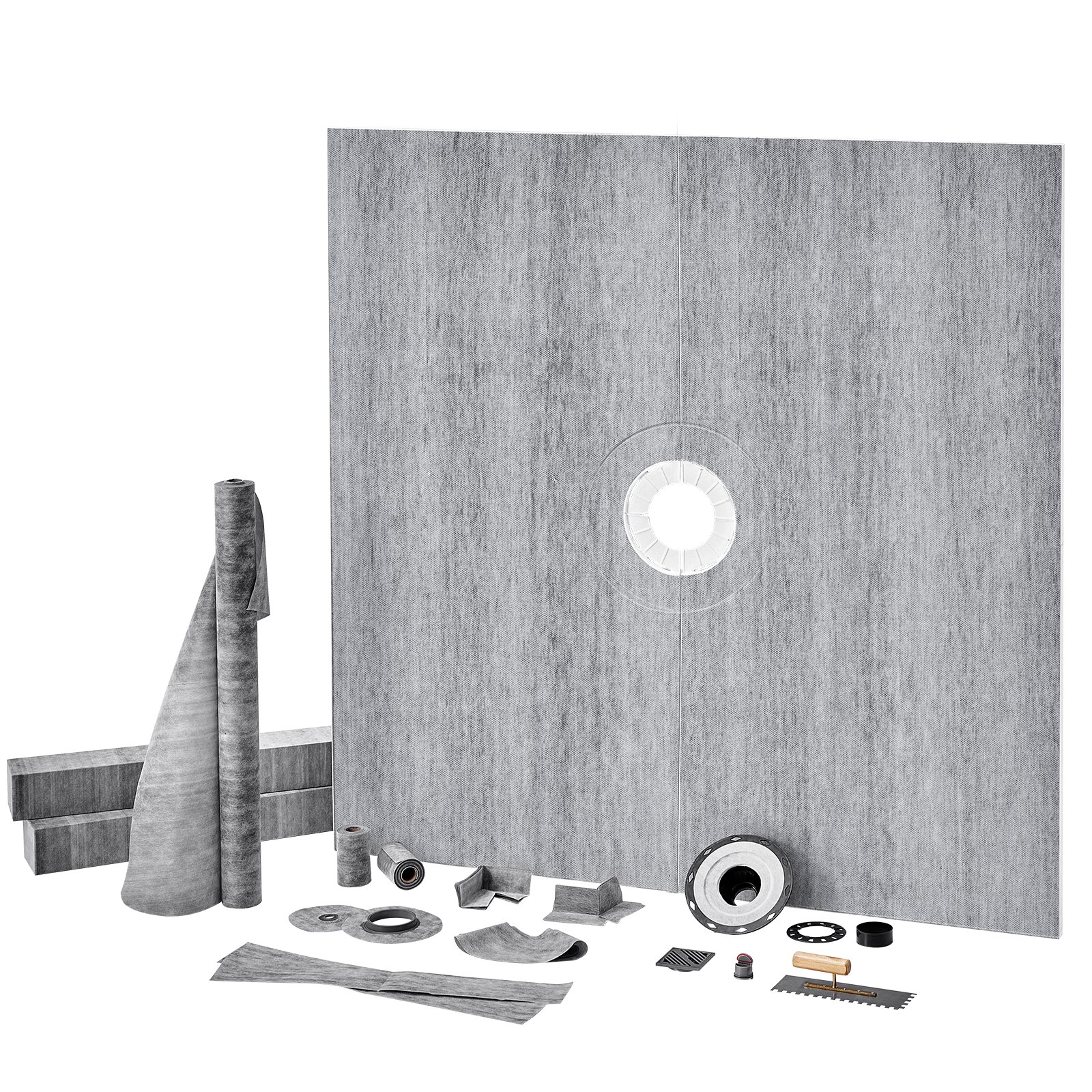 VEVOR shower pan kit components including liner, curb, drain, and installation tools.