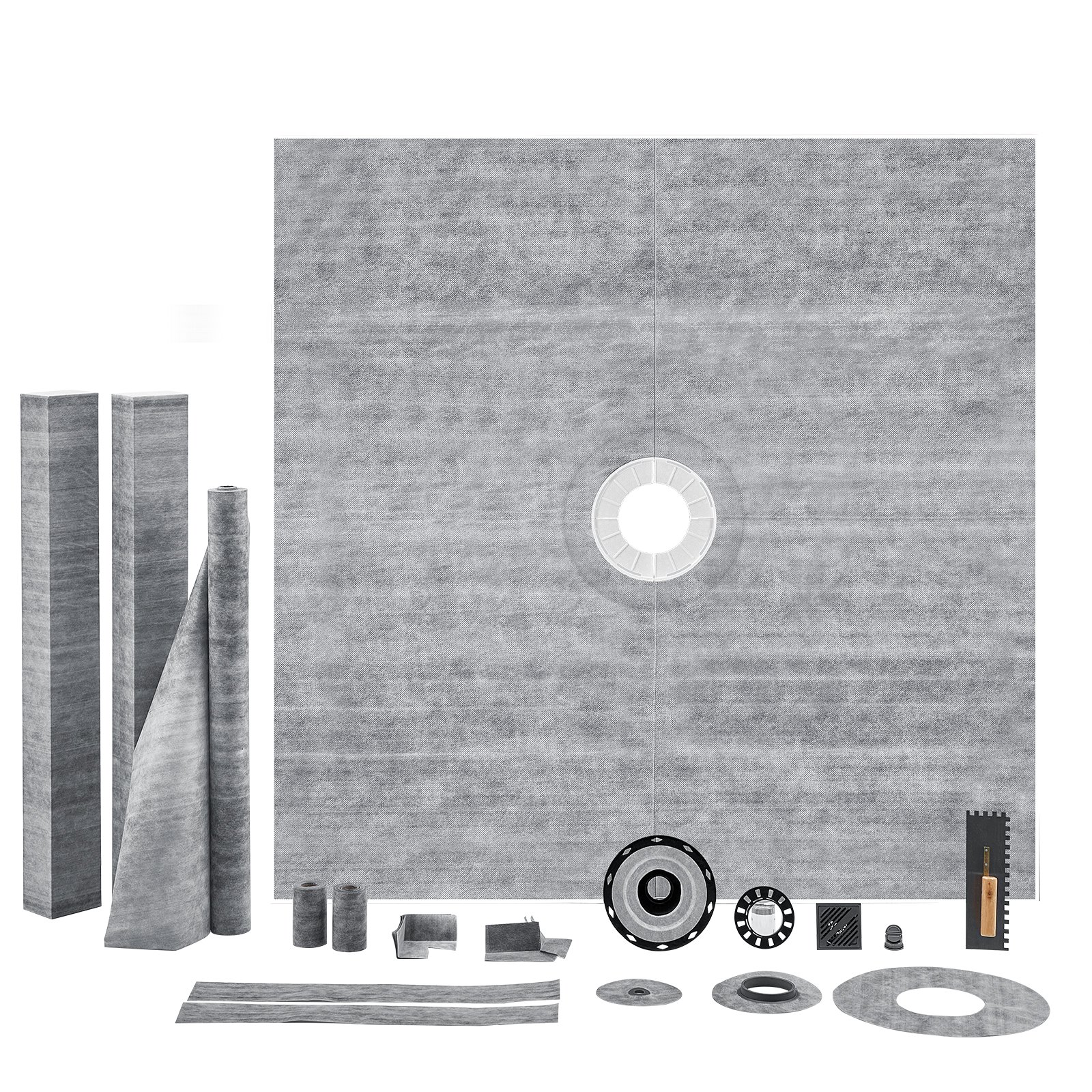 VEVOR shower pan kit with multiple components including membranes, corners, and drain parts.