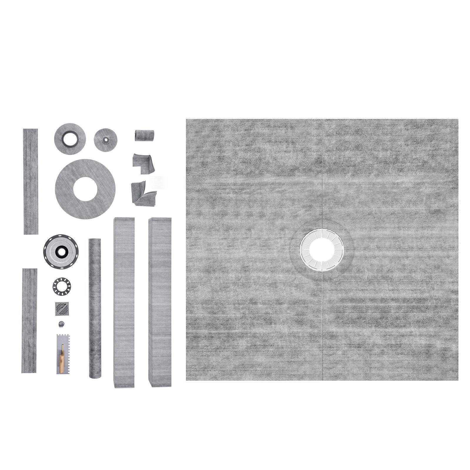 VEVOR shower pan kit with drain, panels, and waterproof accessories for easy installation.