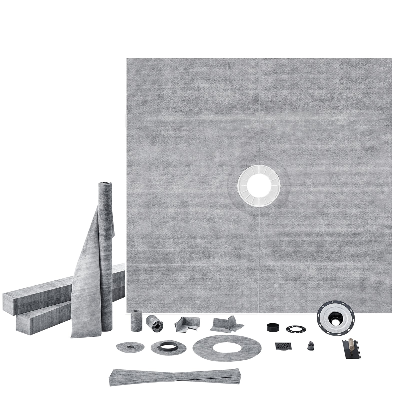 VEVOR shower pan kit with drain, waterproofing membrane, corners, and installation accessories.