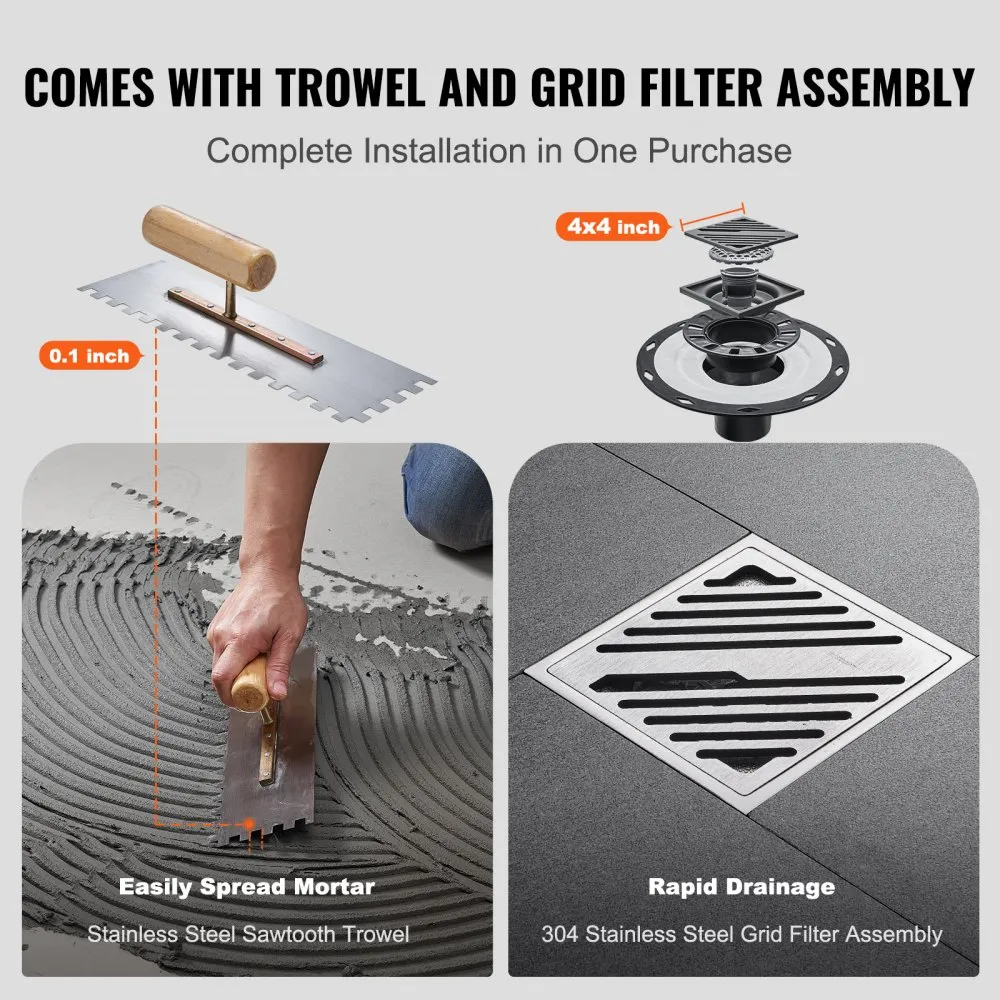 VEVOR shower curb kit includes stainless steel sawtooth trowel, 304 stainless steel grid filter assembly.