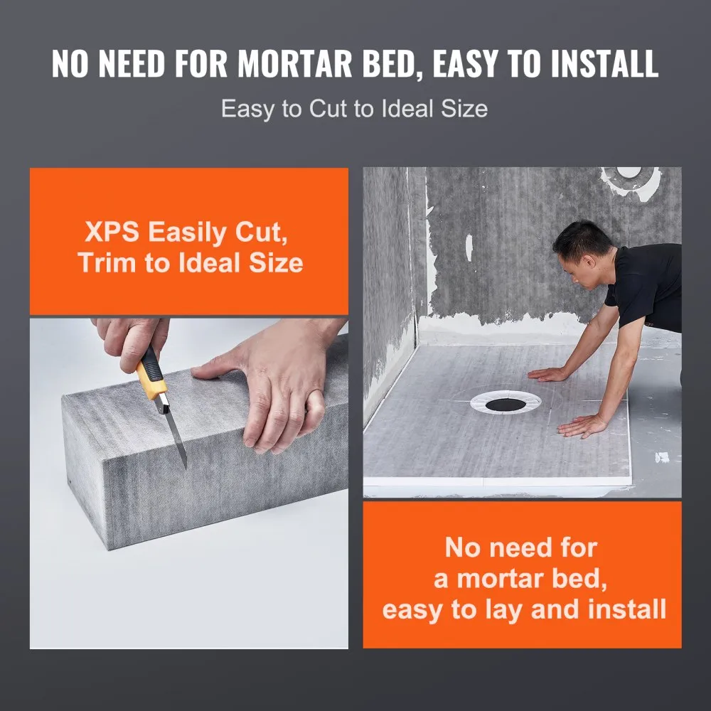 xps being trimmed to size and a person installing a VEVOR shower curb kit without a mortar bed.