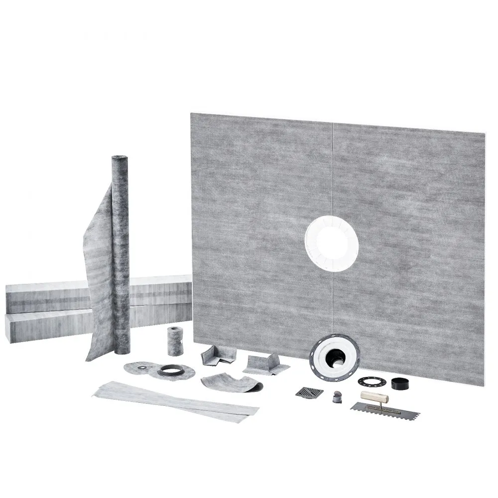 VEVOR shower curb kit with waterproofing membrane, accessories, and drain integration.