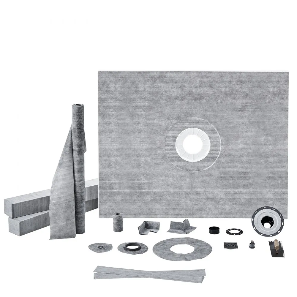 VEVOR shower curb kit with grey panels, rolled material, various fittings, and components.
