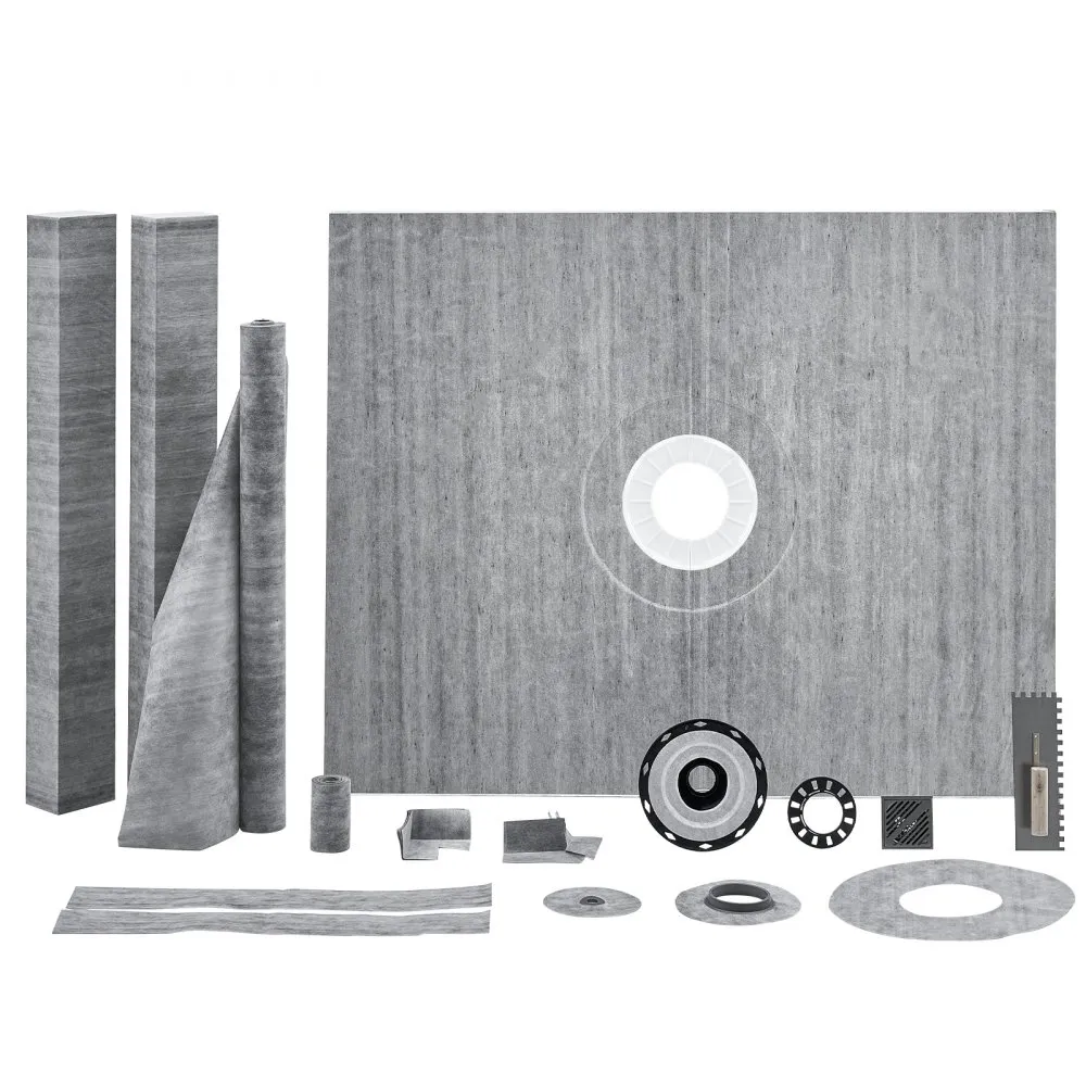 VEVOR shower curb kit with waterproofing membrane, curb pieces, drain components, and installation tools.