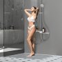 woman enjoying shower with modern VEVOR shower system in stylish bathroom.