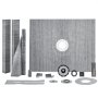 VEVOR shower curb kit with waterproofing membrane, curb pieces, drain components, and installation tools.