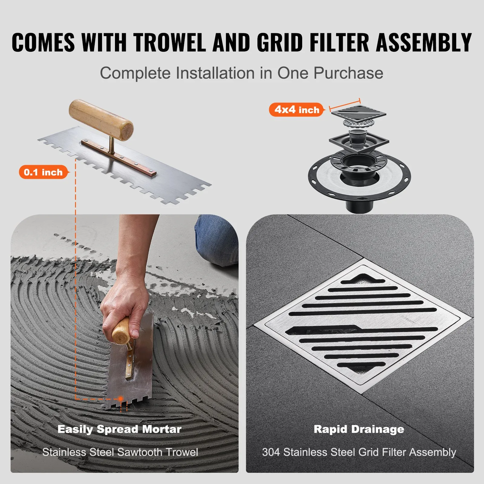 VEVOR shower curb kit includes stainless steel sawtooth trowel, 304 stainless steel grid filter assembly.