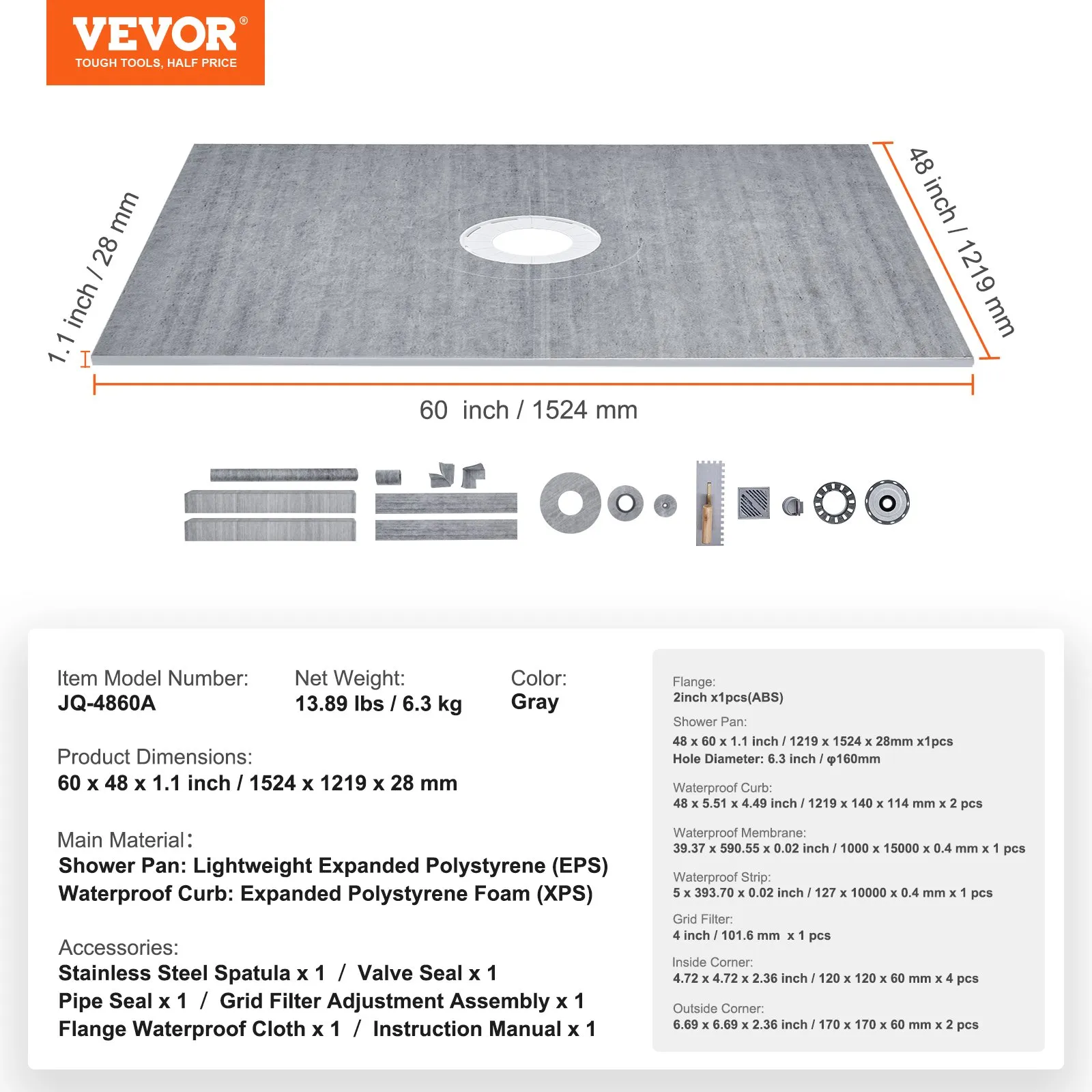 VEVOR shower curb kit with dimensions, components, and specifications detailed on a gray background.