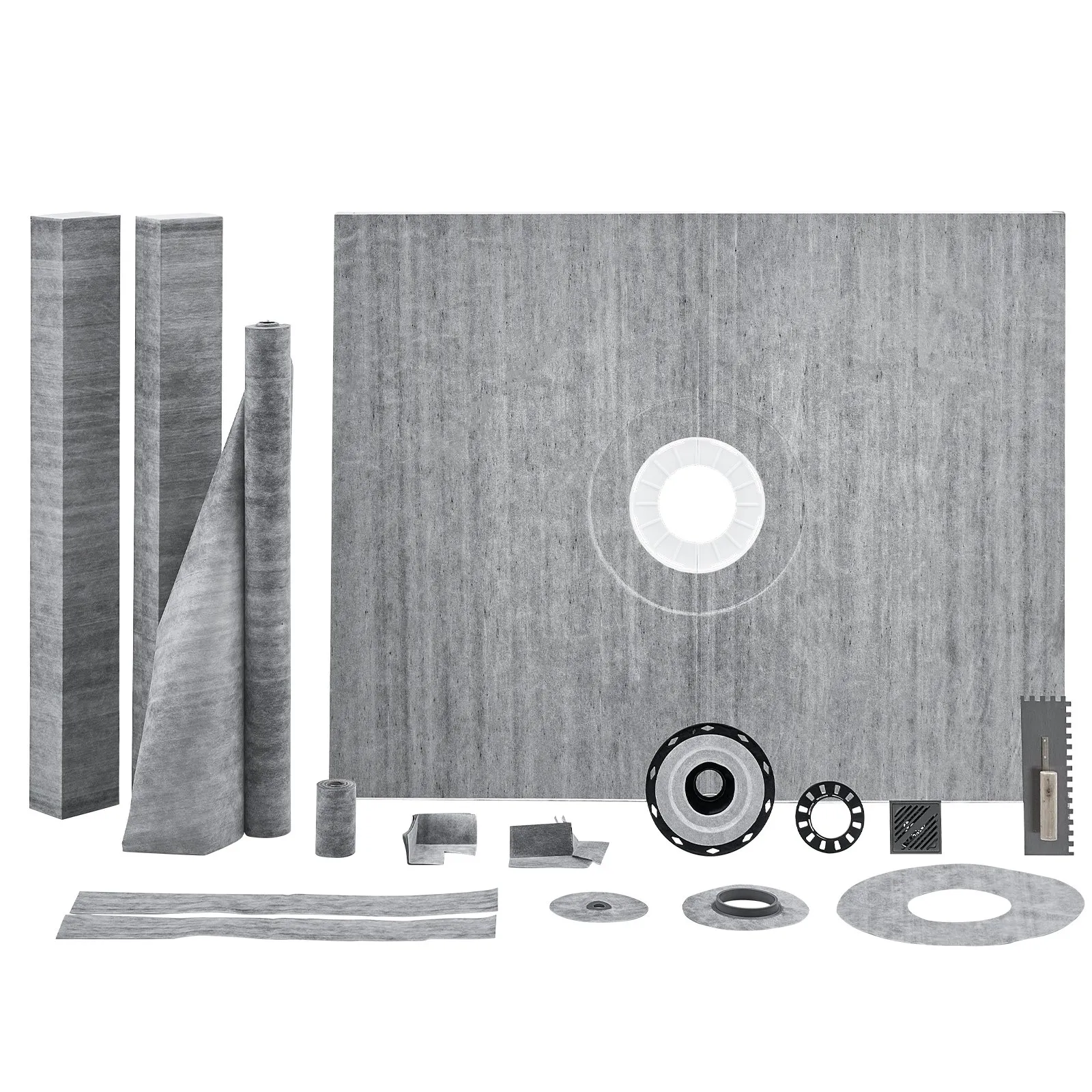 VEVOR shower curb kit components laid out, including large panels, rolls, and multiple circular fittings.