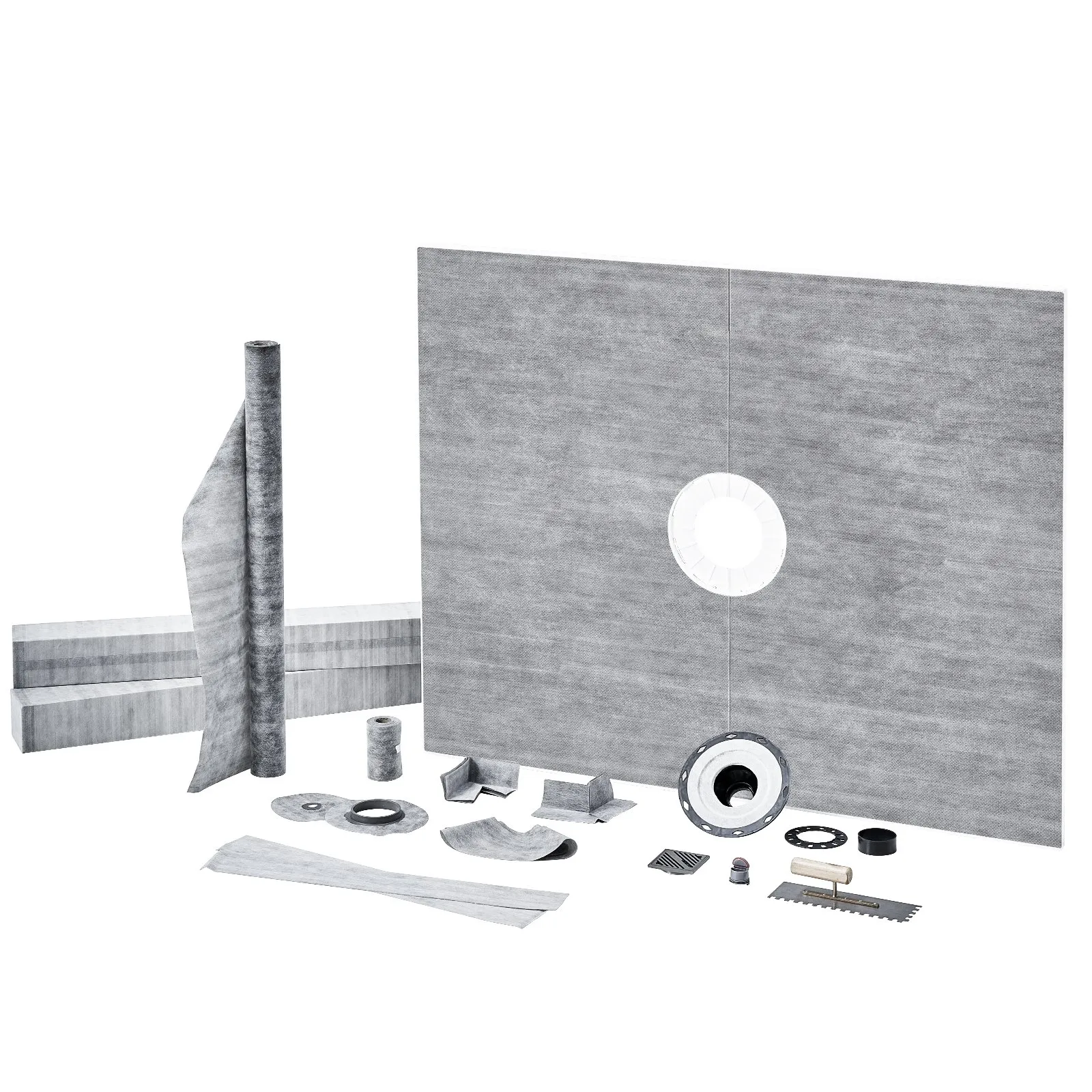 VEVOR shower curb kit with waterproofing membrane, accessories, and drain integration.