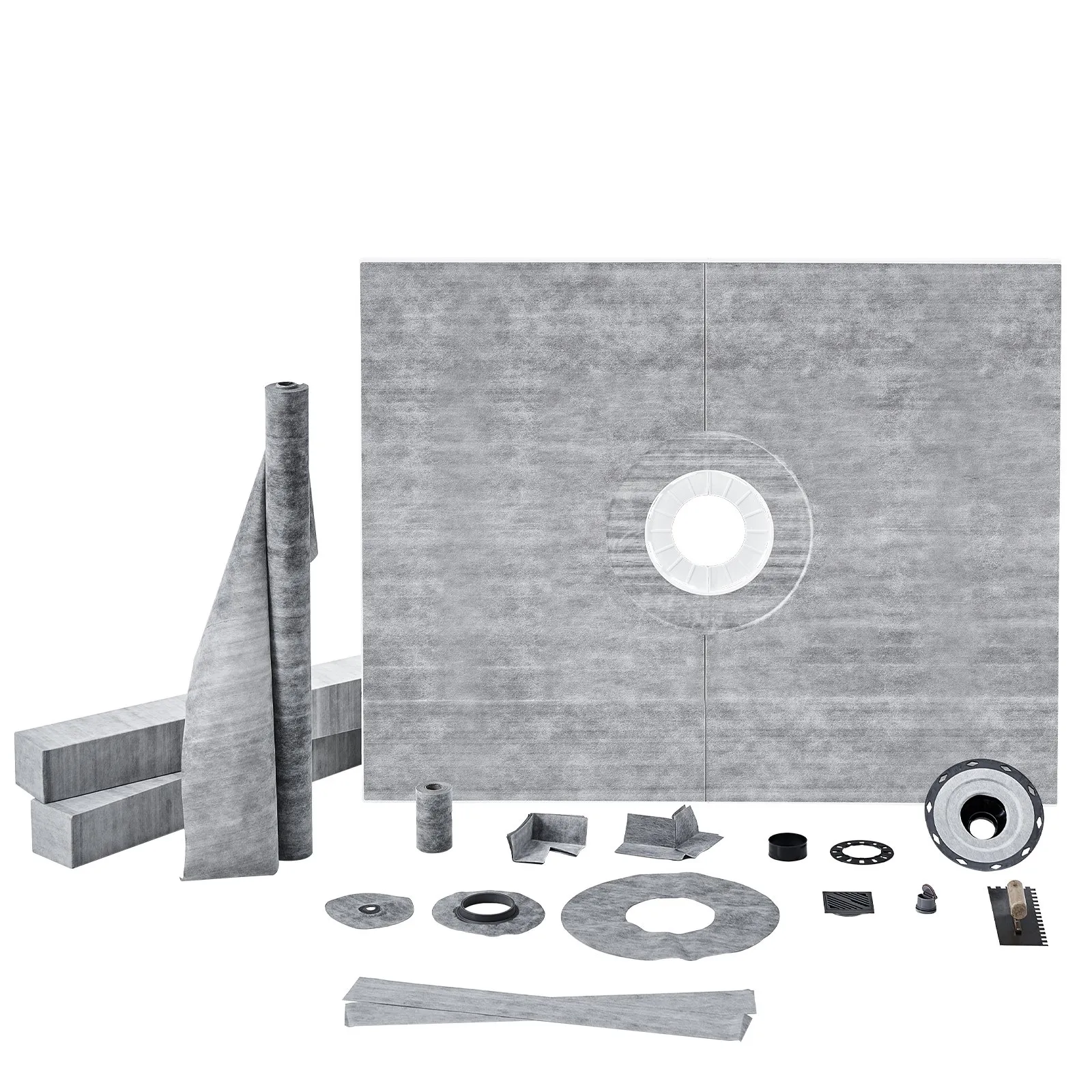 VEVOR shower curb kit with grey panels, rolled material, various fittings, and components.