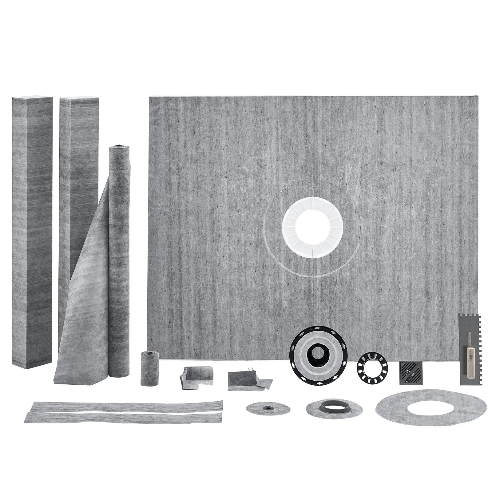 VEVOR shower curb kit with waterproofing membrane, curb pieces, drain components, and installation tools.