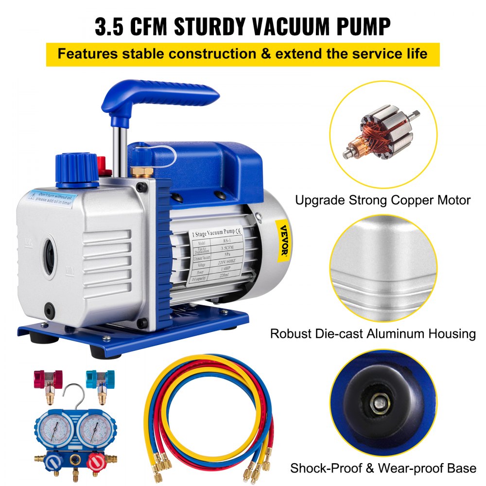 VEVOR AC Vacuum Pump Manifold Gauge Set 3.5 CFM 5PA HVAC Vacuum Pump With Box