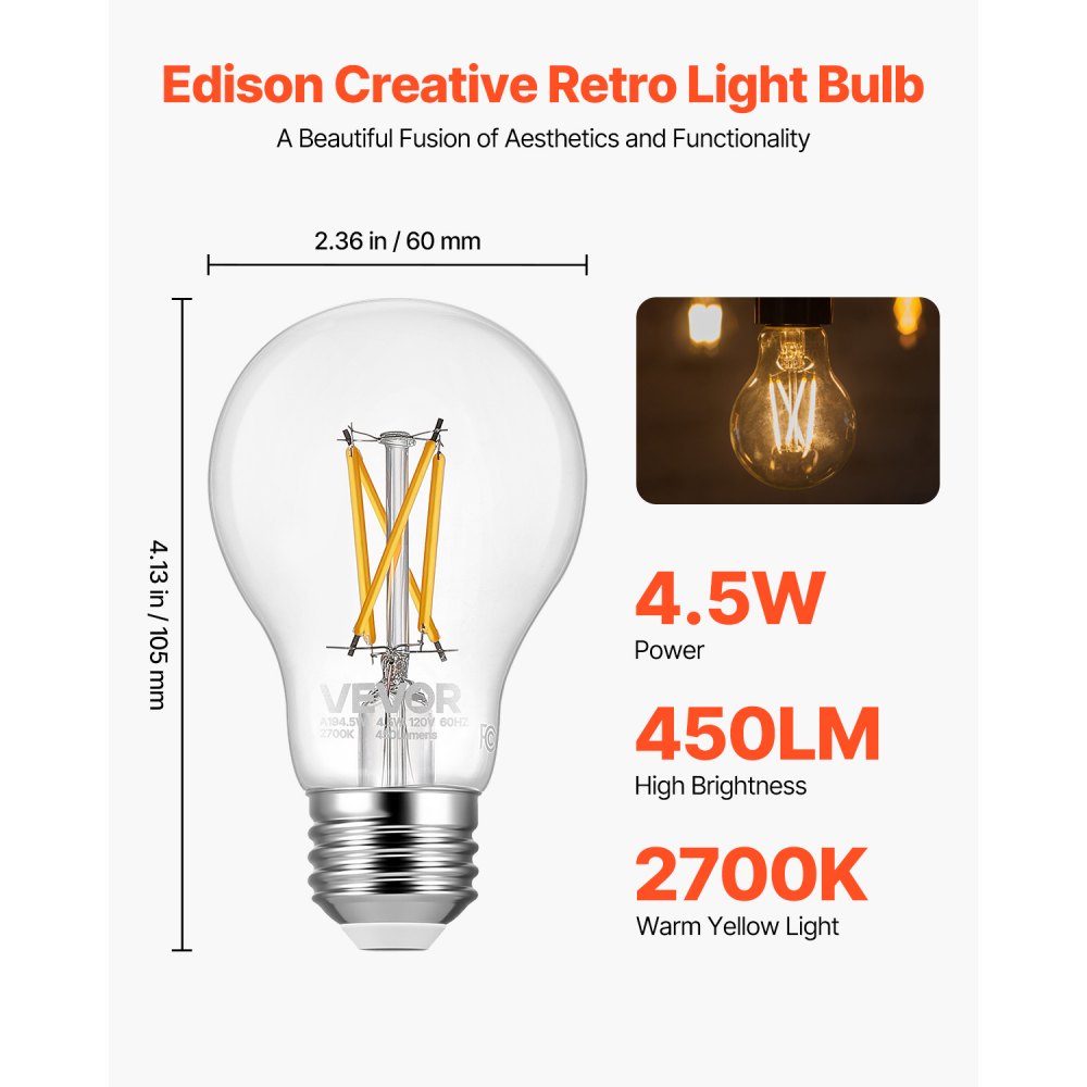 VEVOR 6 Pack Edison Bulbs LED, A19 Vintage Edison Light Bulbs, 4.5W Dimmable 450 Lumens, 2700K Warm White, E26 Base LED Filament Bulb, Antique Glass Style for Home, Bedroom, Office, Farmhouse,CRI80+