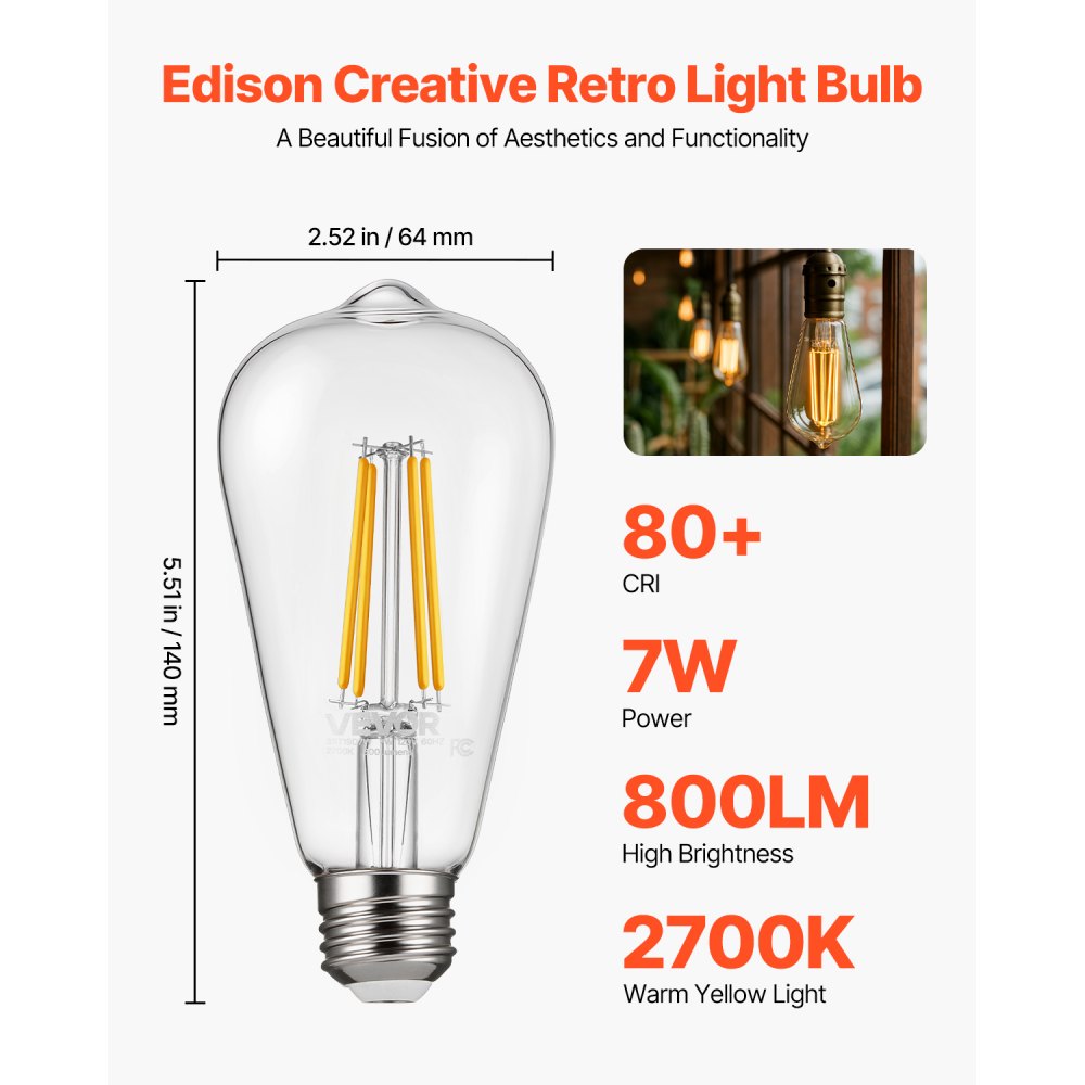 VEVOR 6 Pack Edison Bulbs LED, ST19 Vintage Edison Light Bulbs, 7W Dimmable 800 Lumens, 2700K Warm White, E26 Base LED Filament Bulb, Antique Glass Style for Home, Bedroom, Office, Farmhouse