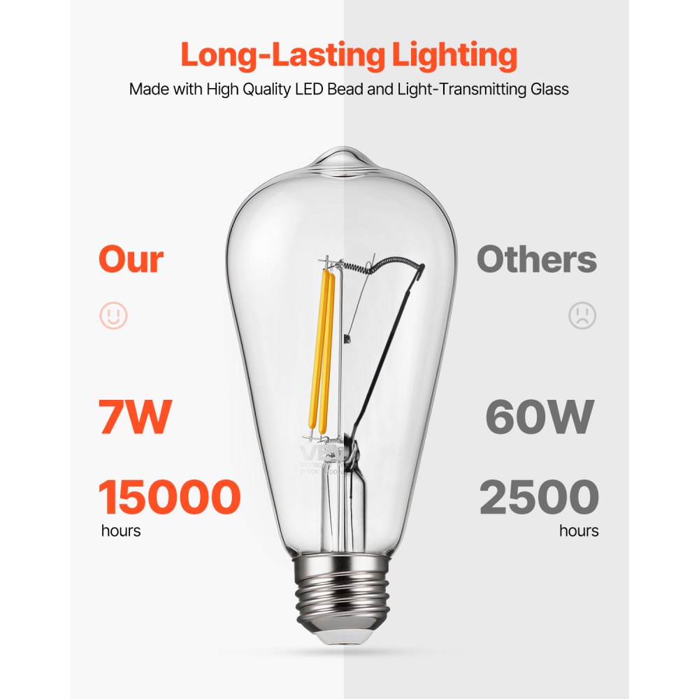 VEVOR 6 Pack Edison Bulbs LED, ST19 Vintage Edison Light Bulbs, 7W Dimmable 800 Lumens, 2700K Warm White, E26 Base LED Filament Bulb, Antique Glass Style for Home, Bedroom, Office, Farmhouse