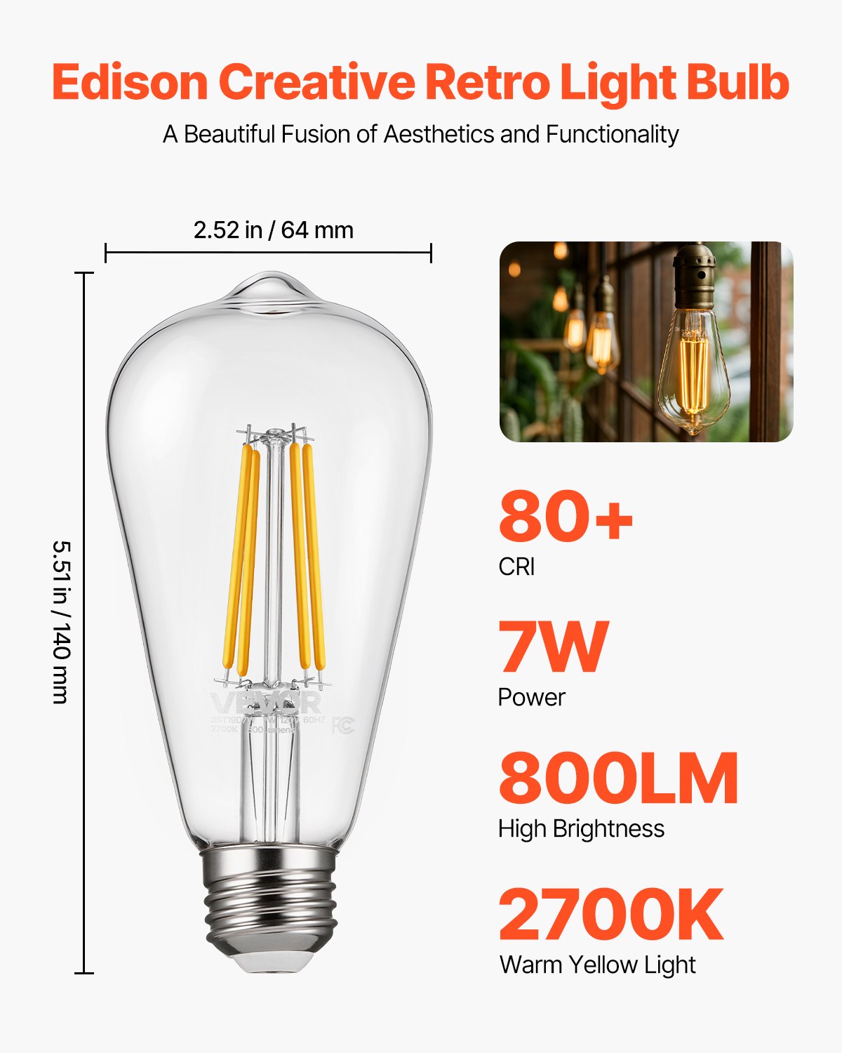 VEVOR 6 Pack Edison Bulbs LED, ST19 Vintage Edison Light Bulbs, 7W Dimmable 800 Lumens, 2700K Warm White, E26 Base LED Filament Bulb, Antique Glass Style for Home, Bedroom, Office, Farmhouse