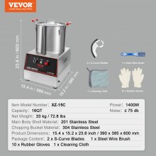 Processador de alimentos VEVOR, picador de vegetais, 1400 W, liquidificador de aço inoxidável de 16 litros