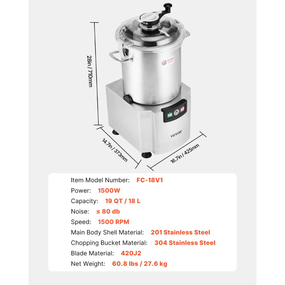 VEVOR Food Processor & Vegetable Chopper, 18L Food-Grade Stainless Steel Food Processor Chopper with S-Curve Blade and Scraper, Ideal for Chopping Vegetables, Fruit, Grains, Nuts