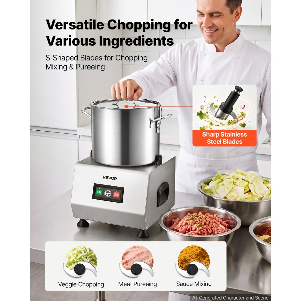 VEVOR Food Processor 12 L Commercial Electric Vegetable Chopper Cutter 1500W, for Chopping Vegetables Fruit Grains Nuts Cheese, Food-Grade Stainless Steel Bowl, with S-Shaped Blade, Pure Copper Motor