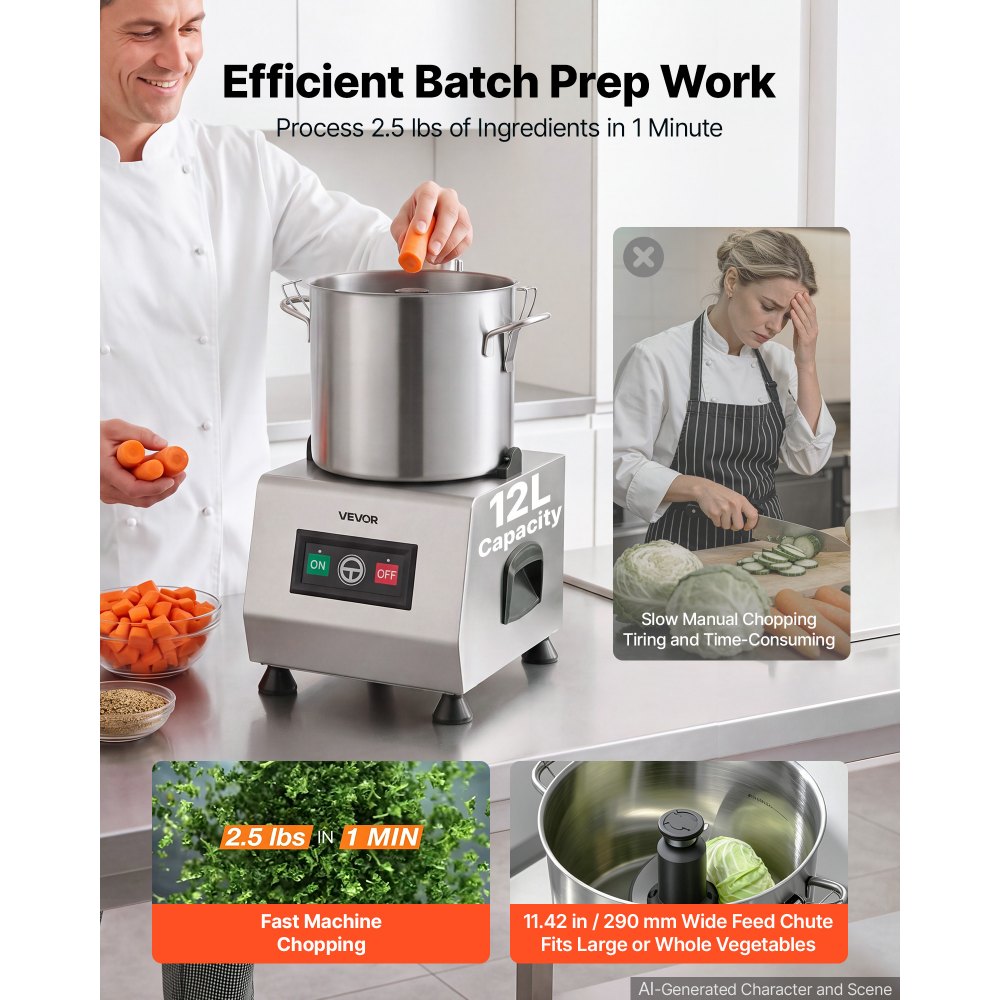 VEVOR Food Processor 12 L Commercial Electric Vegetable Chopper Cutter 1500W, for Chopping Vegetables Fruit Grains Nuts Cheese, Food-Grade Stainless Steel Bowl, with S-Shaped Blade, Pure Copper Motor